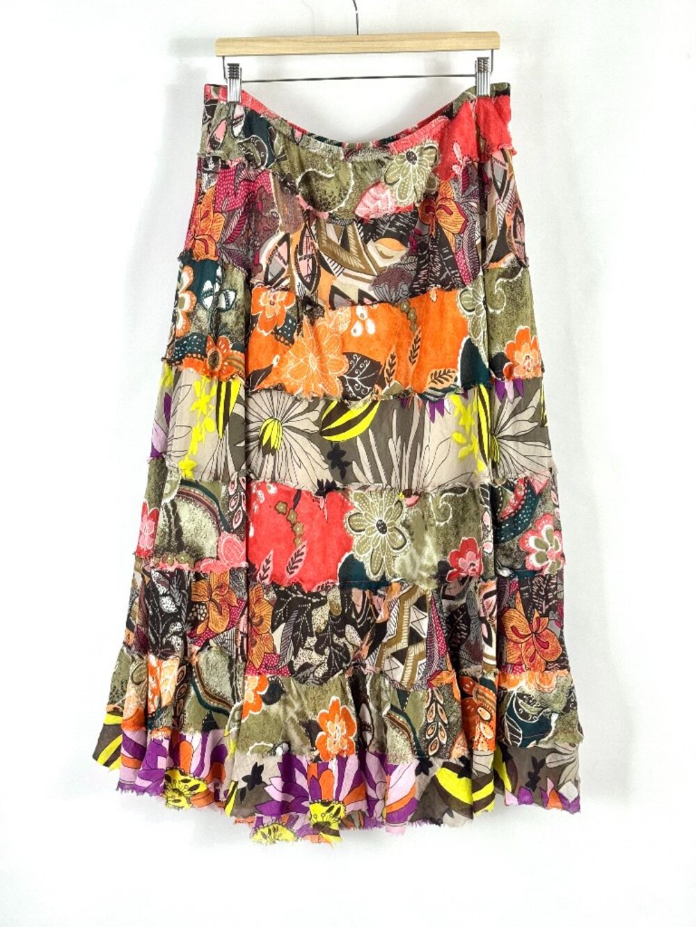 Floral Patchwork 100% Cotton Maxi Skirt Tiered Elastic Waist Boho Hippie Artsy